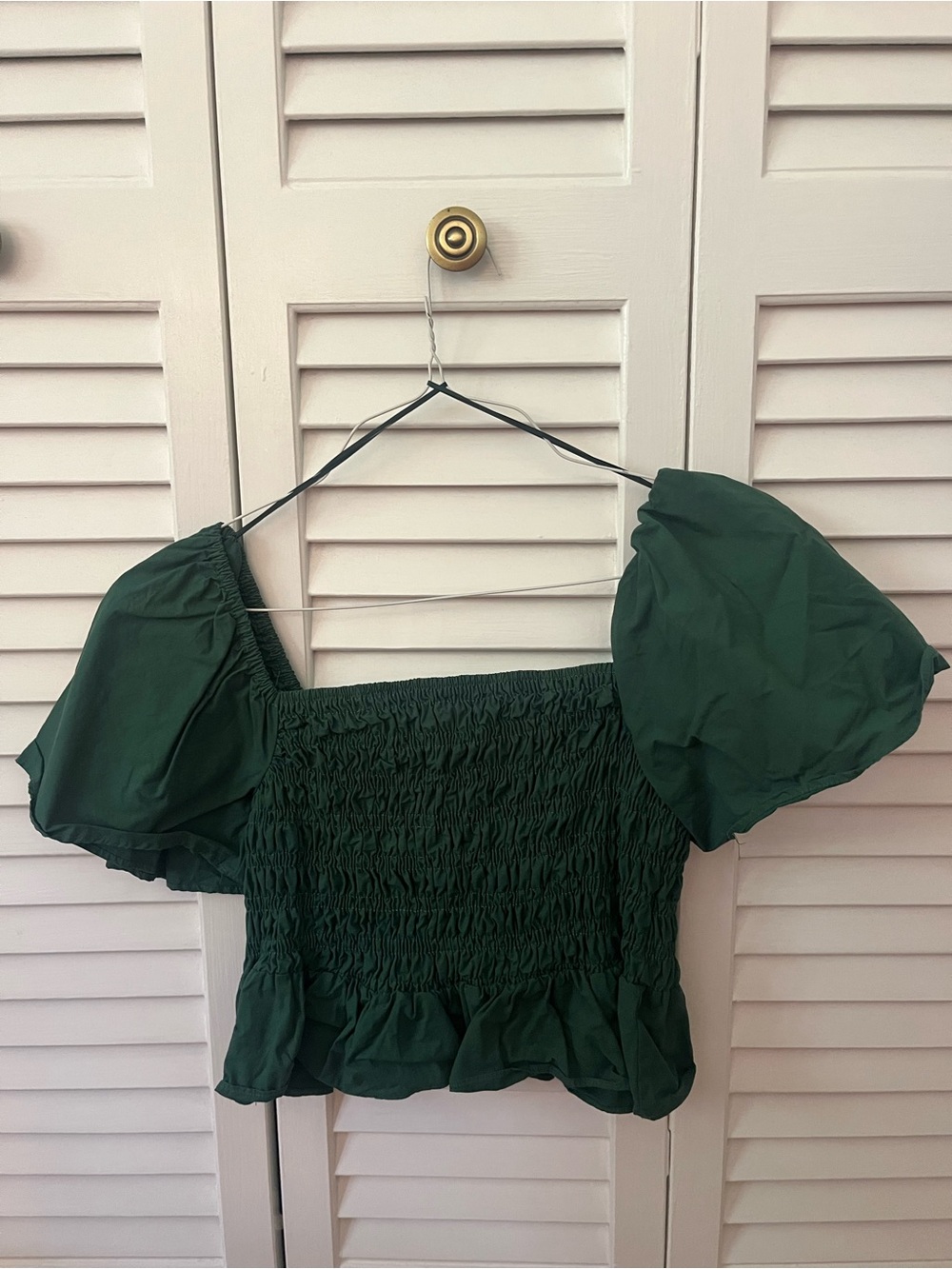 Nordstrom Dark Green Smocked Puff-Sleeve Crop Top